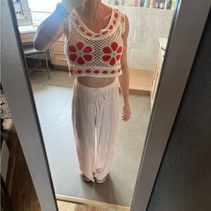 Crochet Floral Crop Top and cream Pants